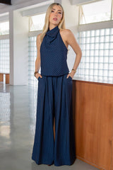 Pantalón de lino fit palazzo estampado rayas