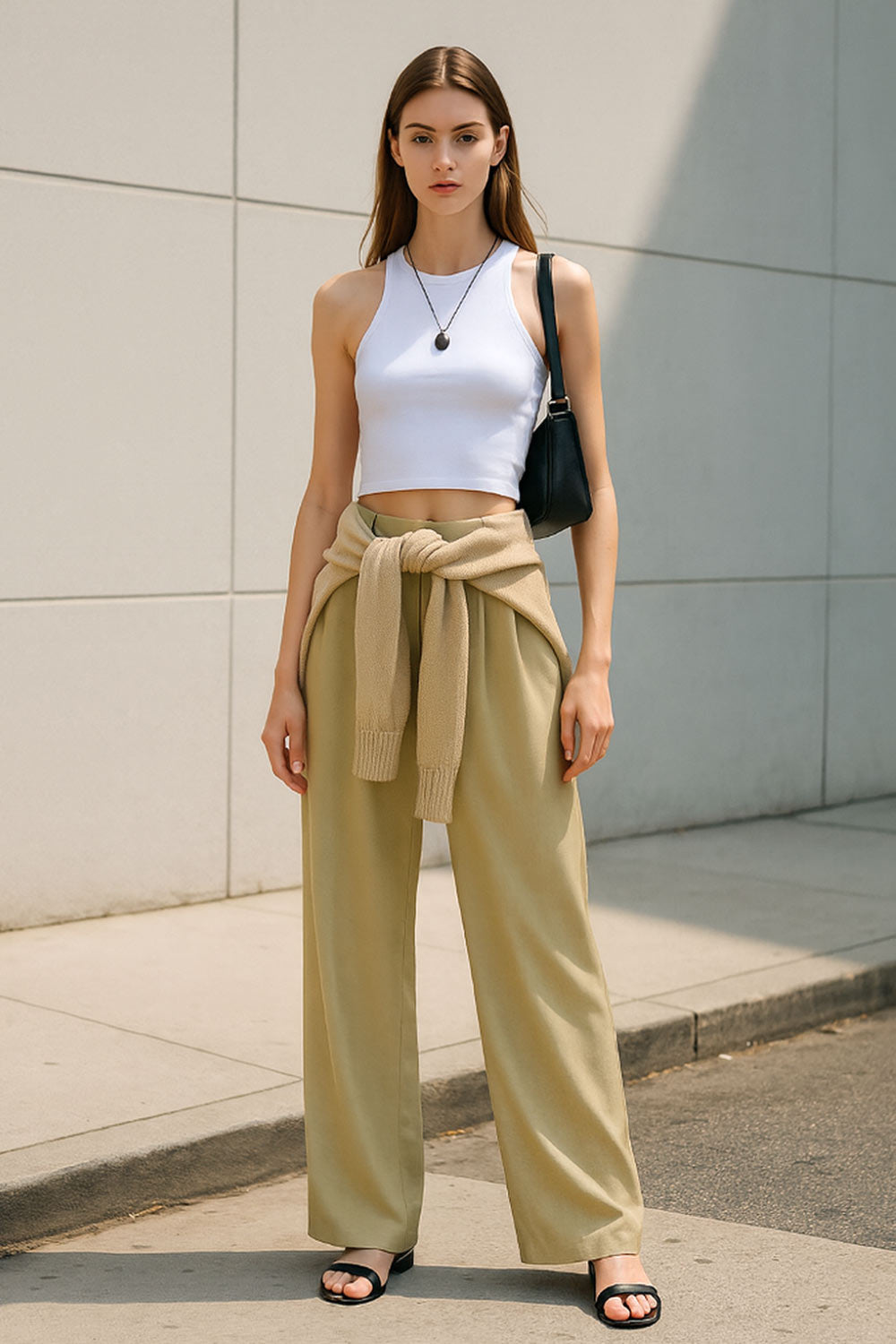 Pantalón de lino, fit wide leg, pinzas frontales, bolsillos delanteros, cintura alta con pretina elástica posterior y trabillas.