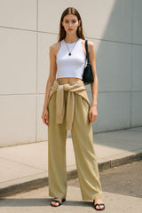 Pantalón de lino wide leg con pinzas cintura alta