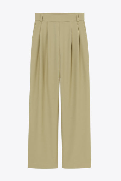 Pantalón de lino, fit wide leg, pinzas frontales, bolsillos delanteros, cintura alta con pretina elástica posterior y trabillas.