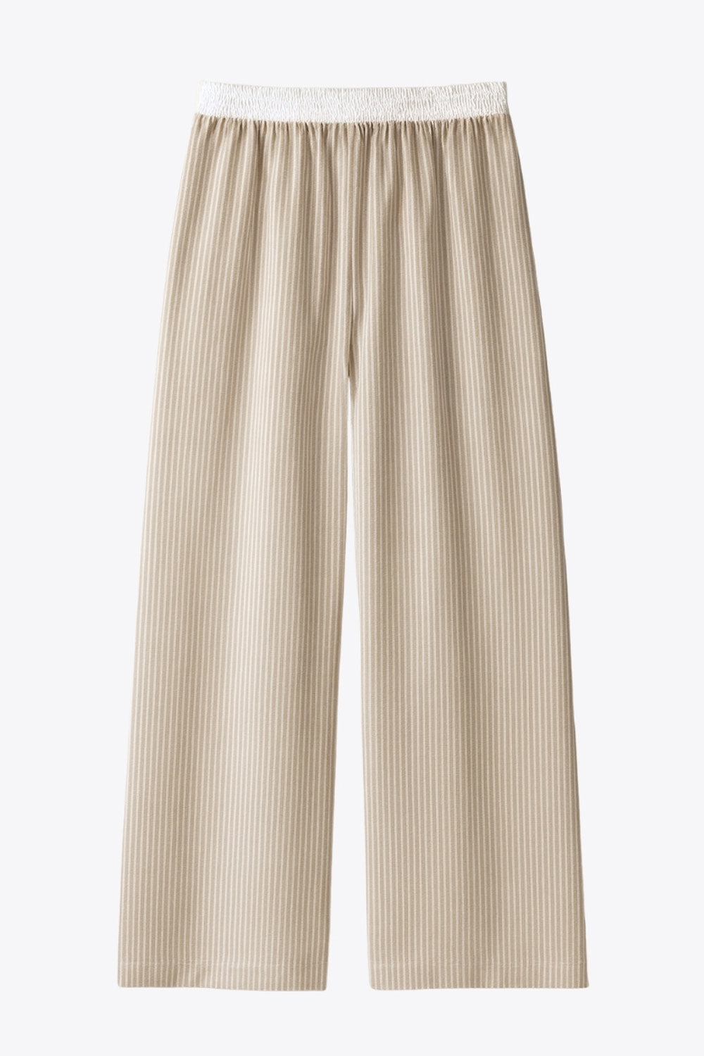 Pantalón de estampado rayas, fit recto, bolsillos delanteros y cintura alta elástica con pretina boxer en contraste.