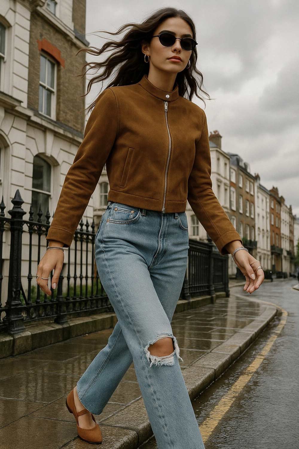 Pantalón wide leg de denim con rotos, tiro alto, bolsillos delanteros y traseros de parche. Cierre con botón y cremallera oculta. Detalle de rotos en bajo.