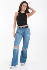 Pantalón denim wide leg con rotos