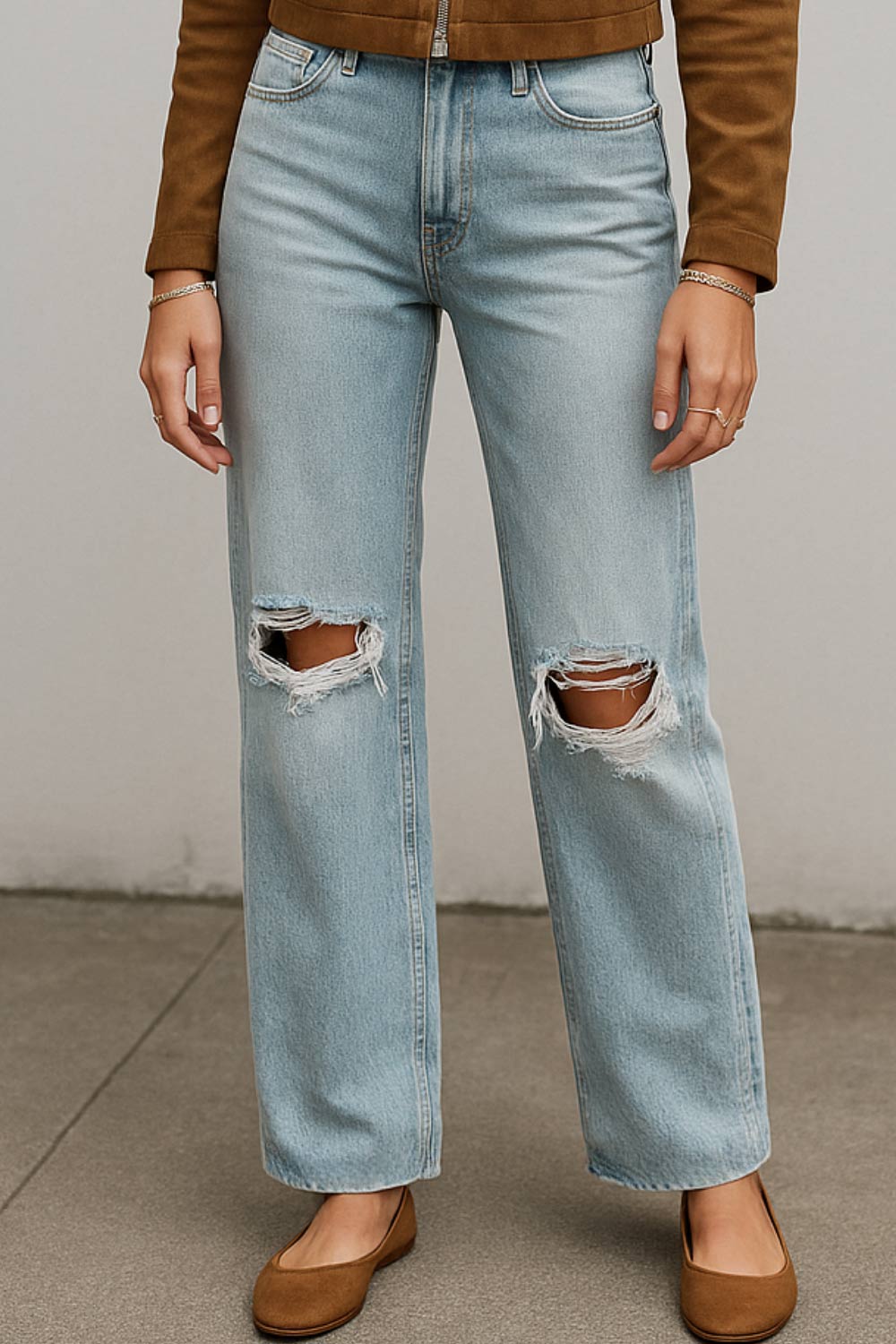 Pantalón denim wide leg con rotos azul claro – HIGHSTREET