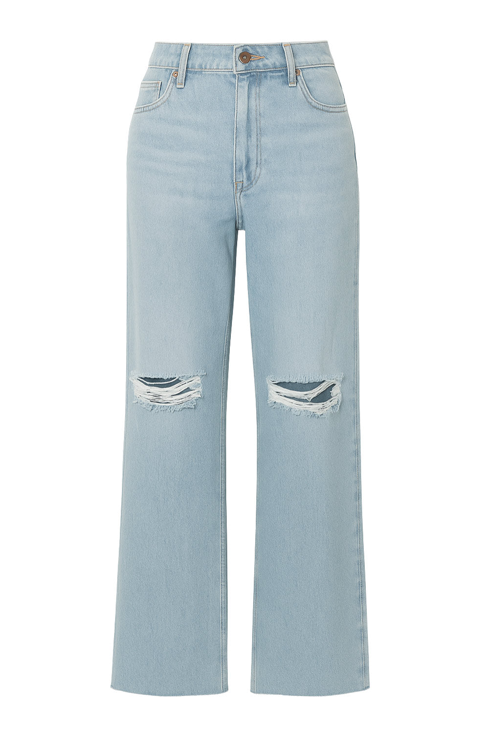 Pantalón wide leg de denim con rotos, tiro alto, bolsillos delanteros y traseros de parche. Cierre con botón y cremallera oculta. Detalle de rotos en bajo.