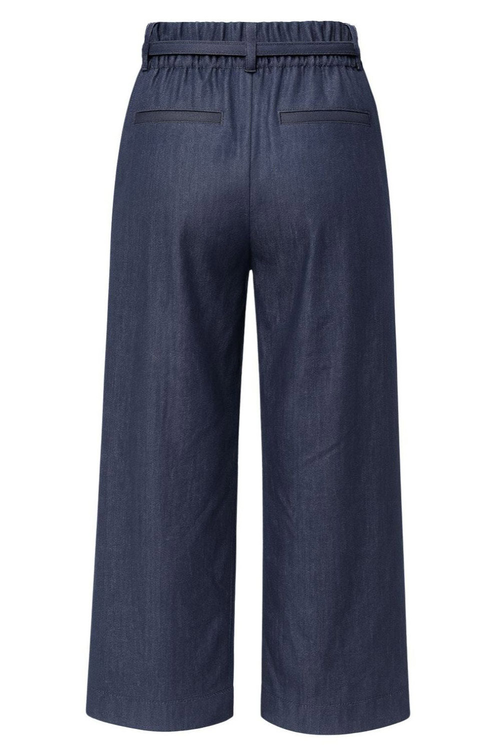 Pantalón de fit wide leg, cintura alta con pretina elástica posterior y trabillas, cinturón del mismo tejido con hebilla en contraste, pinzas frontales, vivos decorativos posteriores y cierre frontal con cremallera oculta.