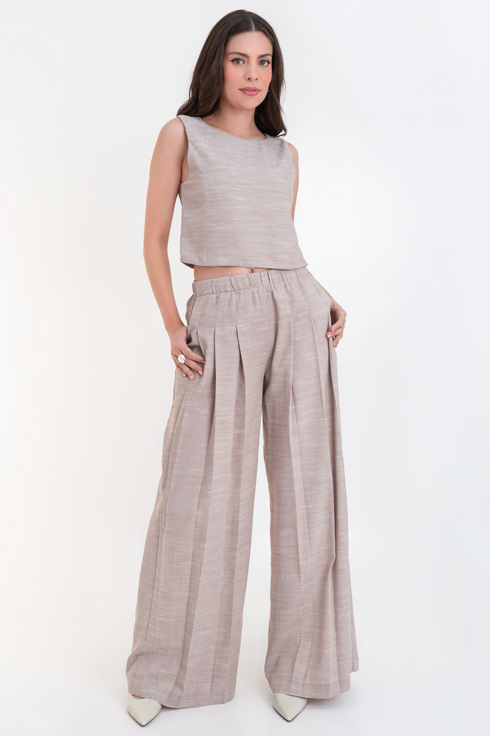 Pantalón fit palazzo de cintura alta elástica con pinzas beige – HIGHSTREET