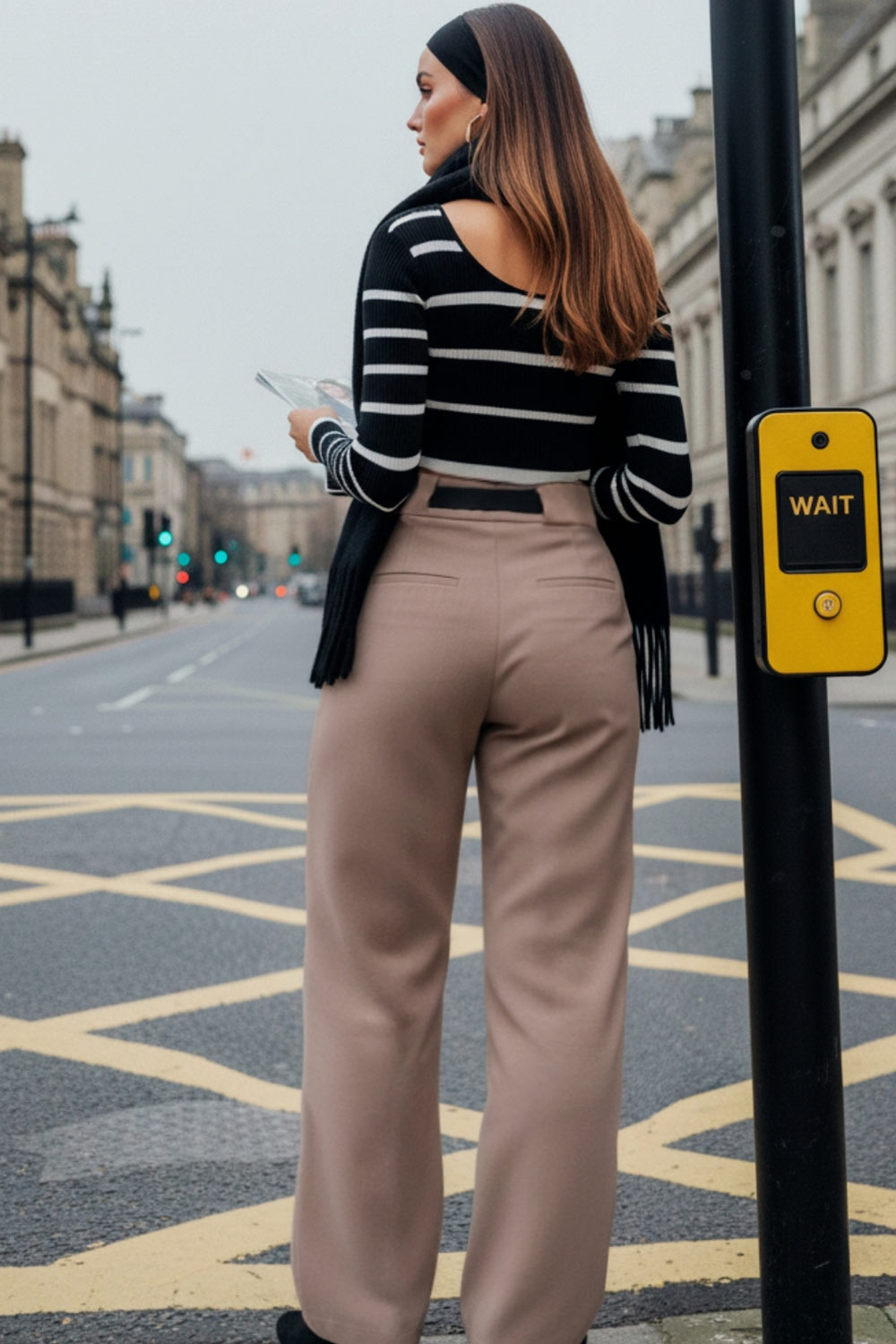 Pantalón de fit recto, cintura alta con pretina y trabilla ancha, bolsillos delanteros y vivos decorativos posteriores. Cierre frontal con broche y cremallera ocultos. Detalle de cinturón con hebilla en contraste.