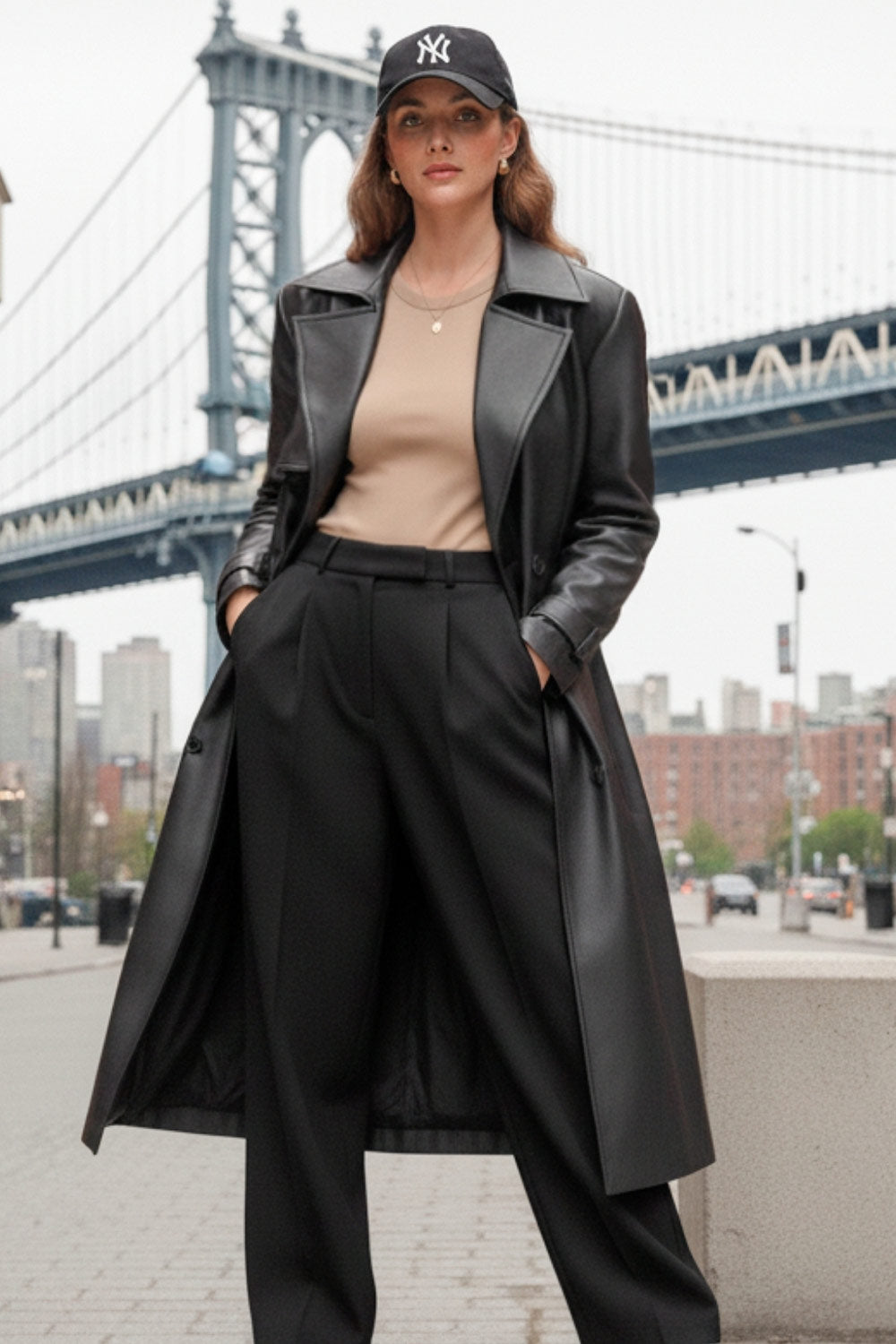 Pantalón de fit wide leg, cintura alta con pretina y trabillas, pinzas frontales con raya frontal, bolsillos delanteros, vivo decorativo posterior, cierre frontal con broche y cremallera ocultos.