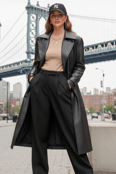 Pantalón de fit wide leg, cintura alta con pretina y trabillas, pinzas frontales con raya frontal, bolsillos delanteros, vivo decorativo posterior, cierre frontal con broche y cremallera ocultos.