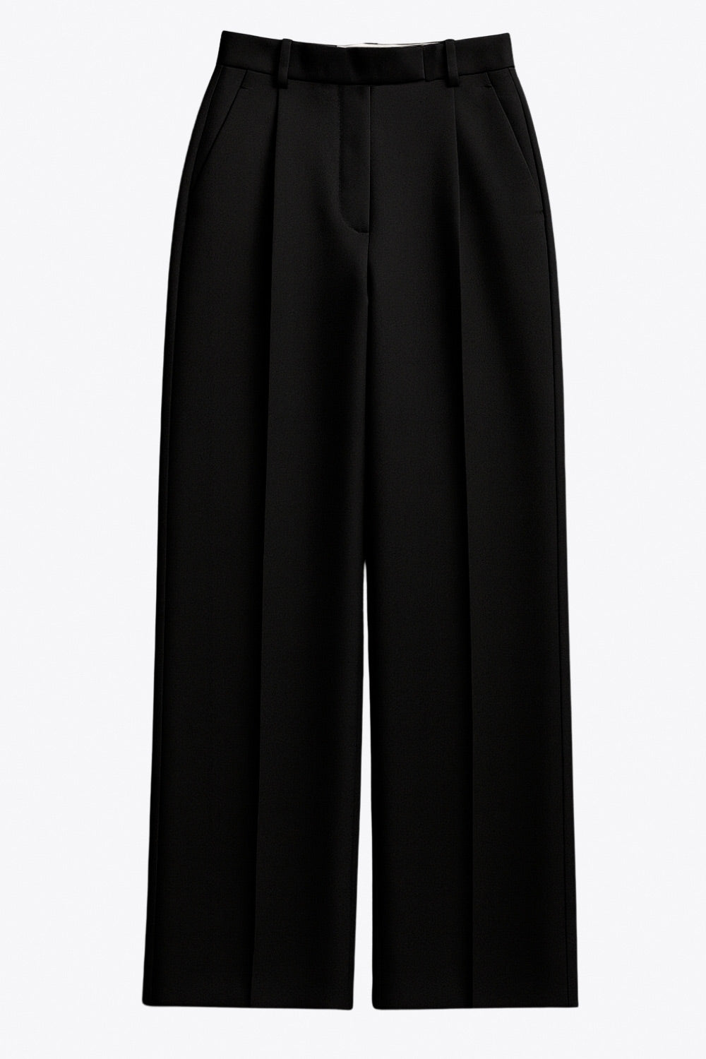 Pantalón de fit wide leg, cintura alta con pretina y trabillas, pinzas frontales con raya frontal, bolsillos delanteros, vivo decorativo posterior, cierre frontal con broche y cremallera ocultos.