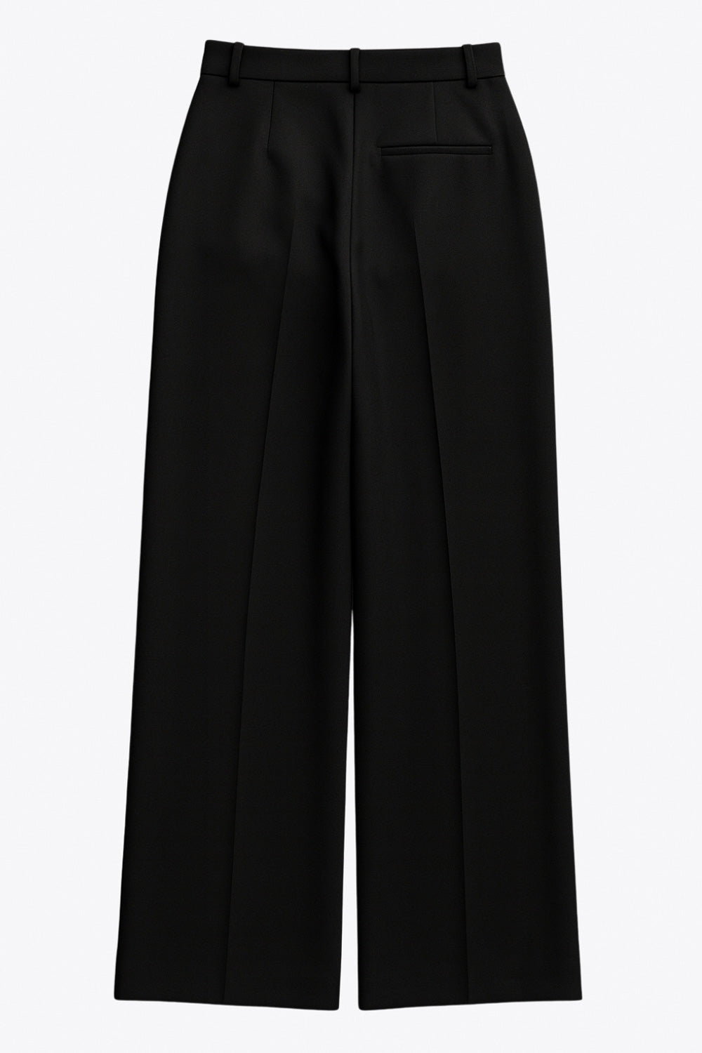 Pantalón de fit wide leg, cintura alta con pretina y trabillas, pinzas frontales con raya frontal, bolsillos delanteros, vivo decorativo posterior, cierre frontal con broche y cremallera ocultos.