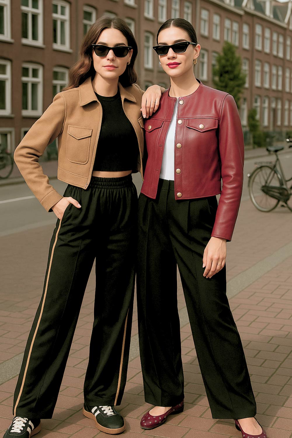 Pantalón fluido de fit recto, cintura media con pretina elástica, bolsillos delanteros, costura frontal y raya lateral decorativa en contraste.