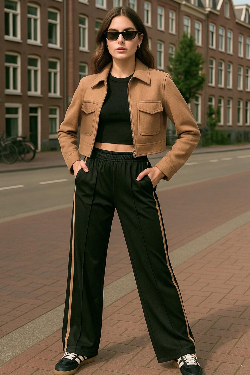 Pantalón fluido de fit recto, cintura media con pretina elástica, bolsillos delanteros, costura frontal y raya lateral decorativa en contraste.