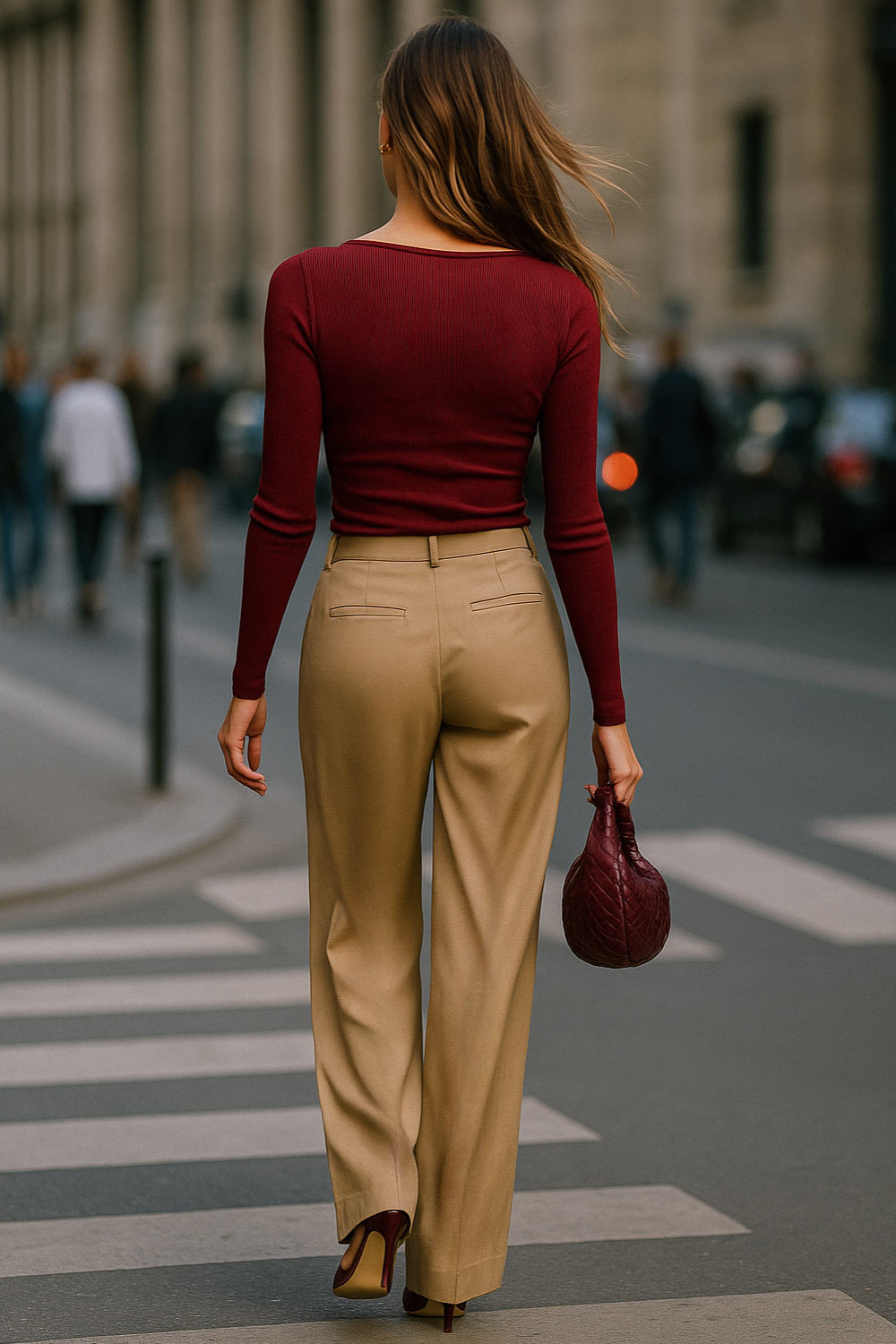 Pantalón fluido de fit wide leg, cintura alta con pretina y trabillas, pinzas frontales, bolsillos delanteros, cierre frontal con botón y cremallera oculta.