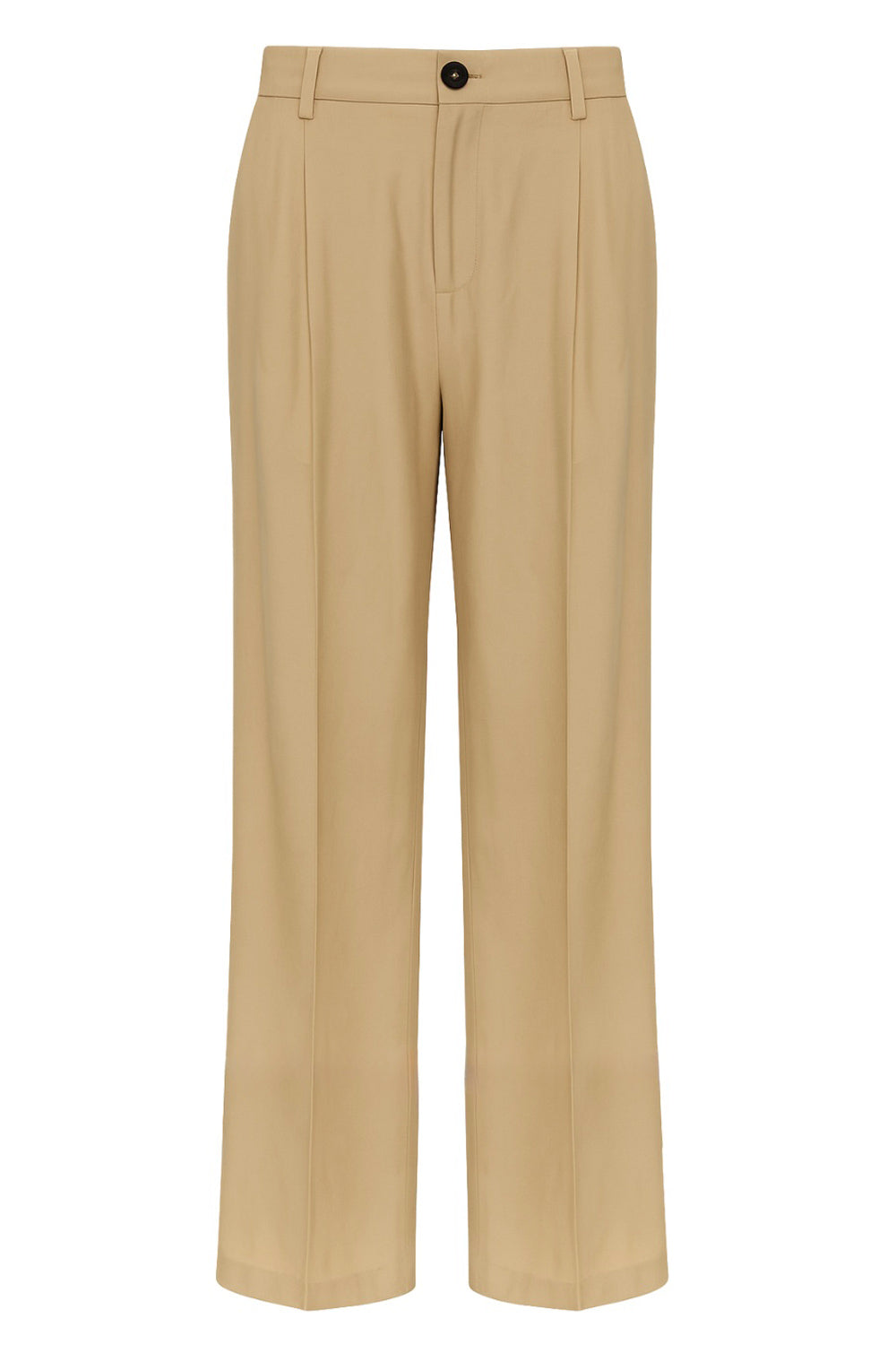 Pantalón fluido de fit wide leg, cintura alta con pretina y trabillas, pinzas frontales, bolsillos delanteros, cierre frontal con botón y cremallera oculta.