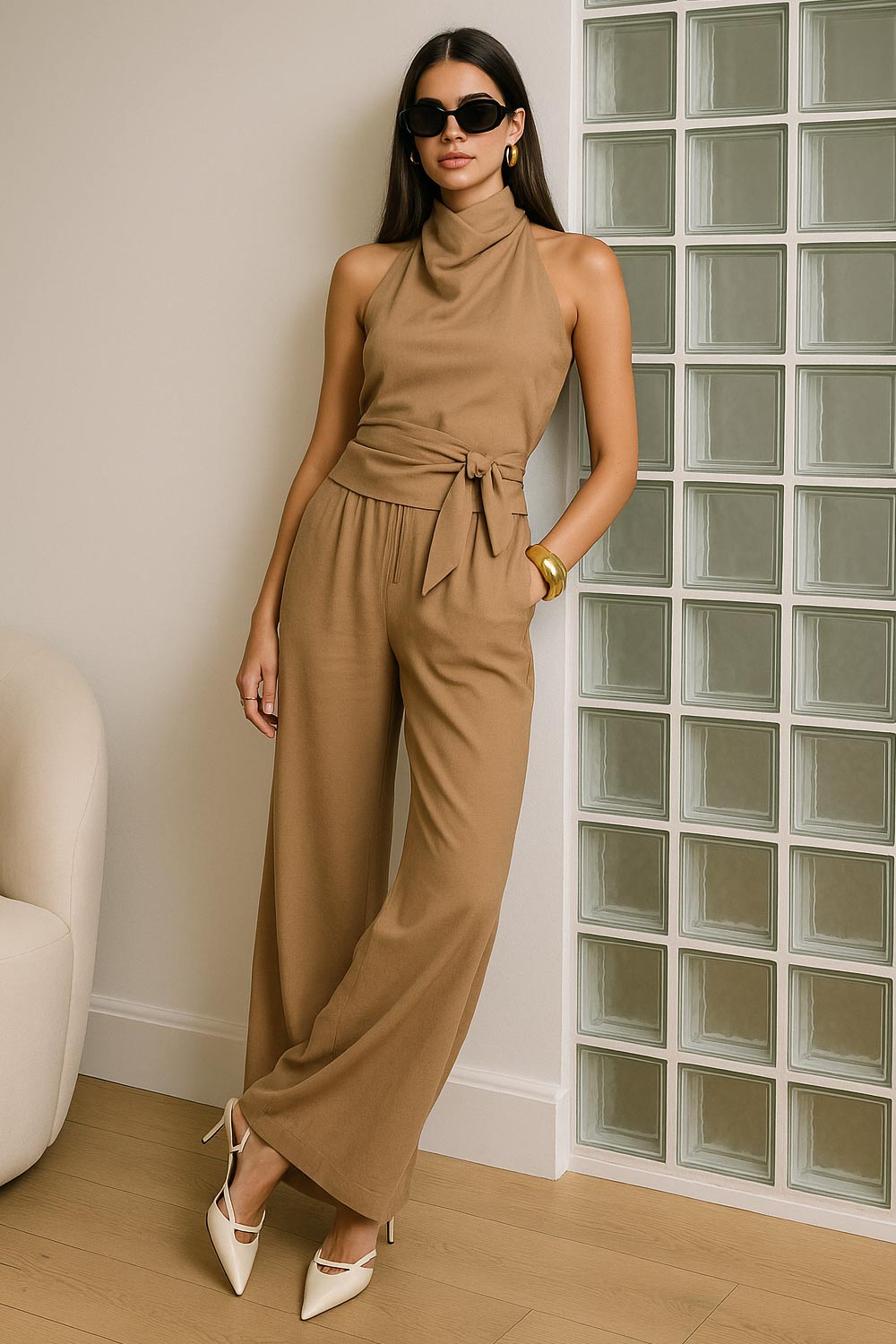 Pantalón fluido de fit recto, cintura alta elástica con jareta frontal ajustable y bolsillos delanteros.