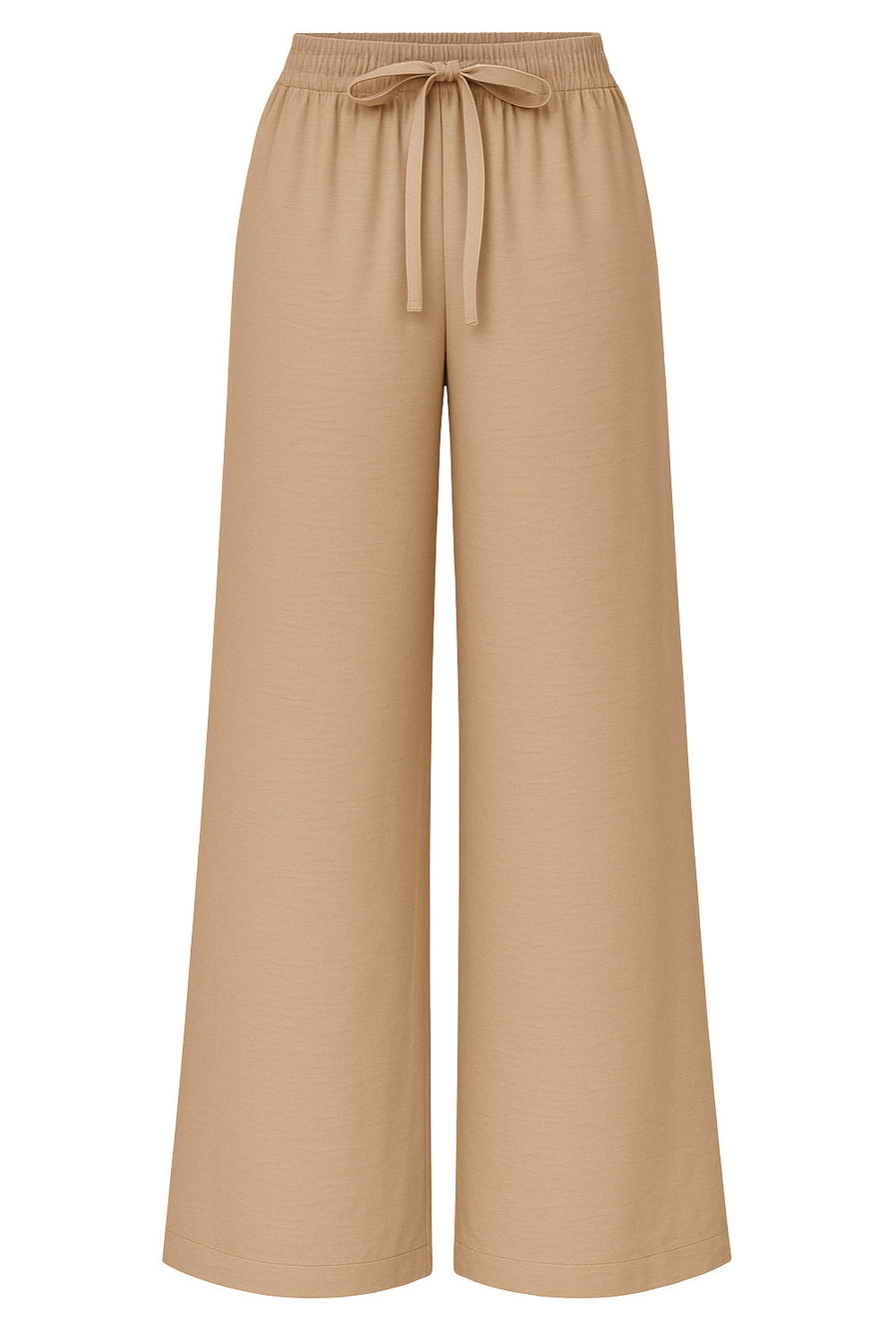 Pantalón fluido de fit recto, cintura alta elástica con jareta frontal ajustable y bolsillos delanteros.