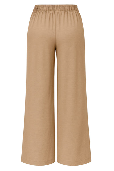 Pantalón fluido de fit recto, cintura alta elástica con jareta frontal ajustable y bolsillos delanteros.