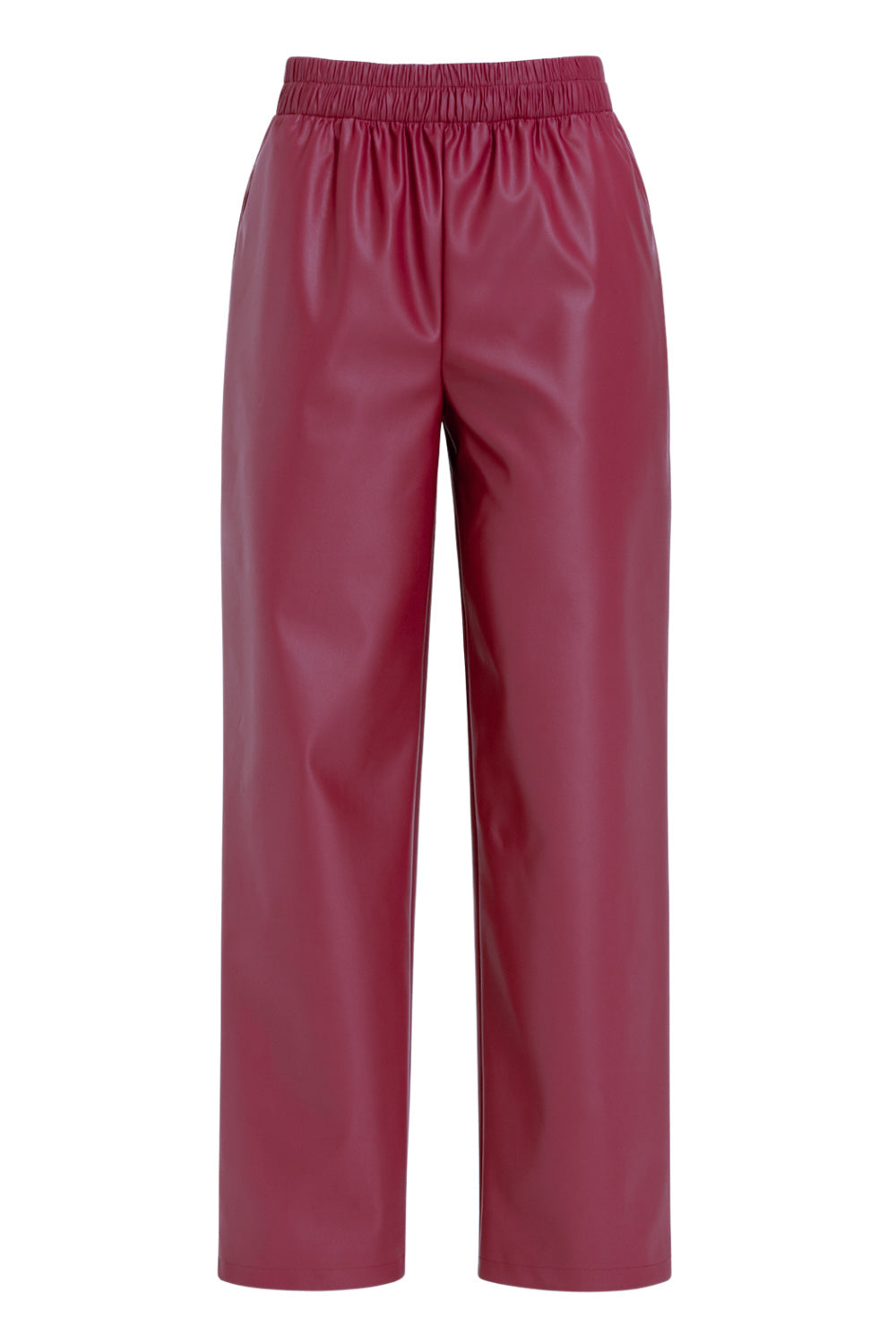 Pantalón de efecto piel, fit wide leg, cintura alta con pretina elástica y bolsillos delanteros.