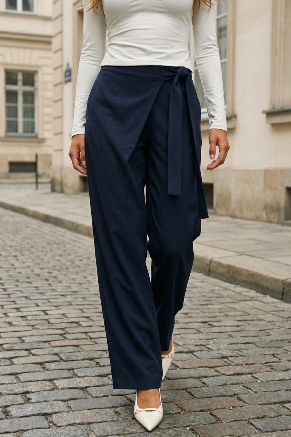 Pantalón de fit wide leg, pinzas frontales, cintura alta y cruce frontal con lazo amarrable lateral. Detalle de vivo posterior.