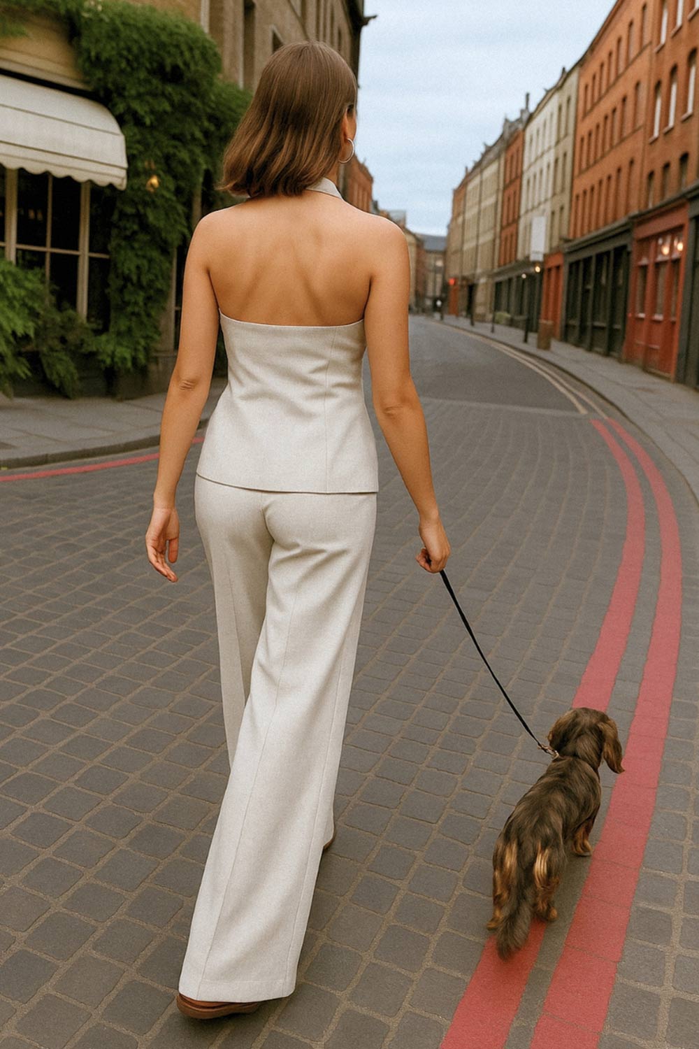 Pantalón de lino, fit wide leg, cintura alta con pretina y trabillas, pinzas frontales, bolsillos delanteros, detalle de raya frontal y posterior . Cierre frontal con botón y cremallera oculta.