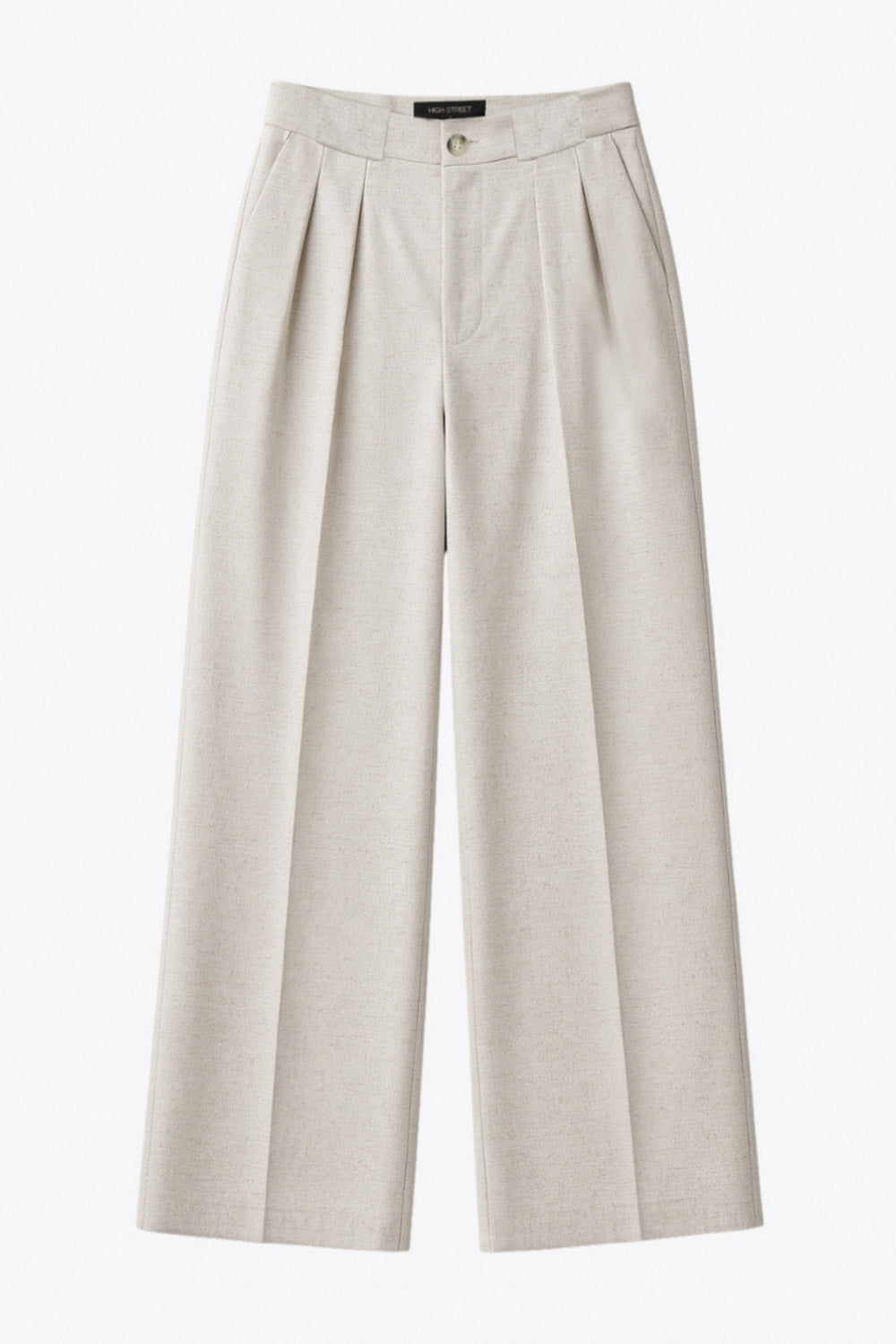 Pantalón de lino, fit wide leg, cintura alta con pretina y trabillas, pinzas frontales, bolsillos delanteros, detalle de raya frontal y posterior . Cierre frontal con botón y cremallera oculta.