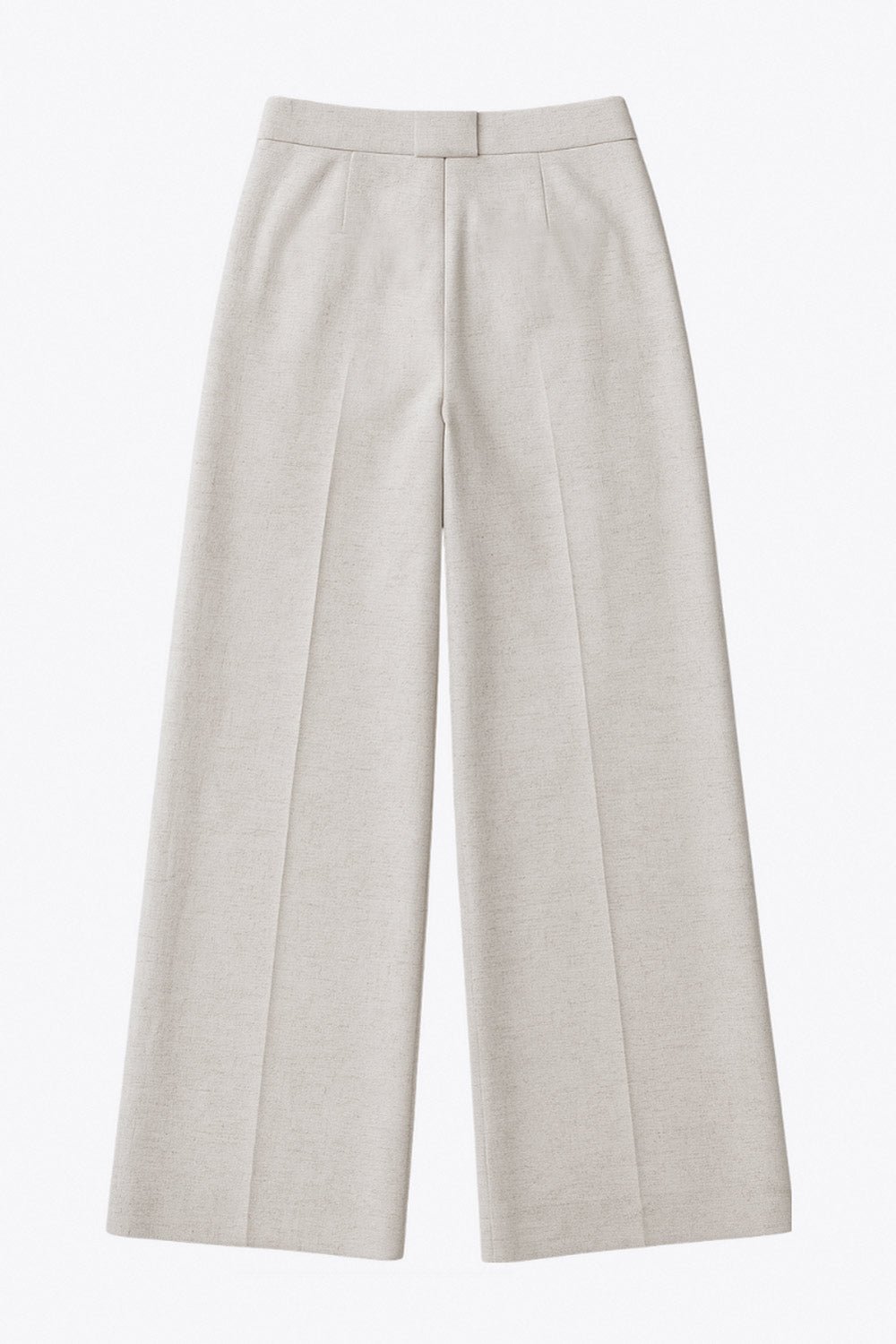 Pantalón de lino, fit wide leg, cintura alta con pretina y trabillas, pinzas frontales, bolsillos delanteros, detalle de raya frontal y posterior . Cierre frontal con botón y cremallera oculta.