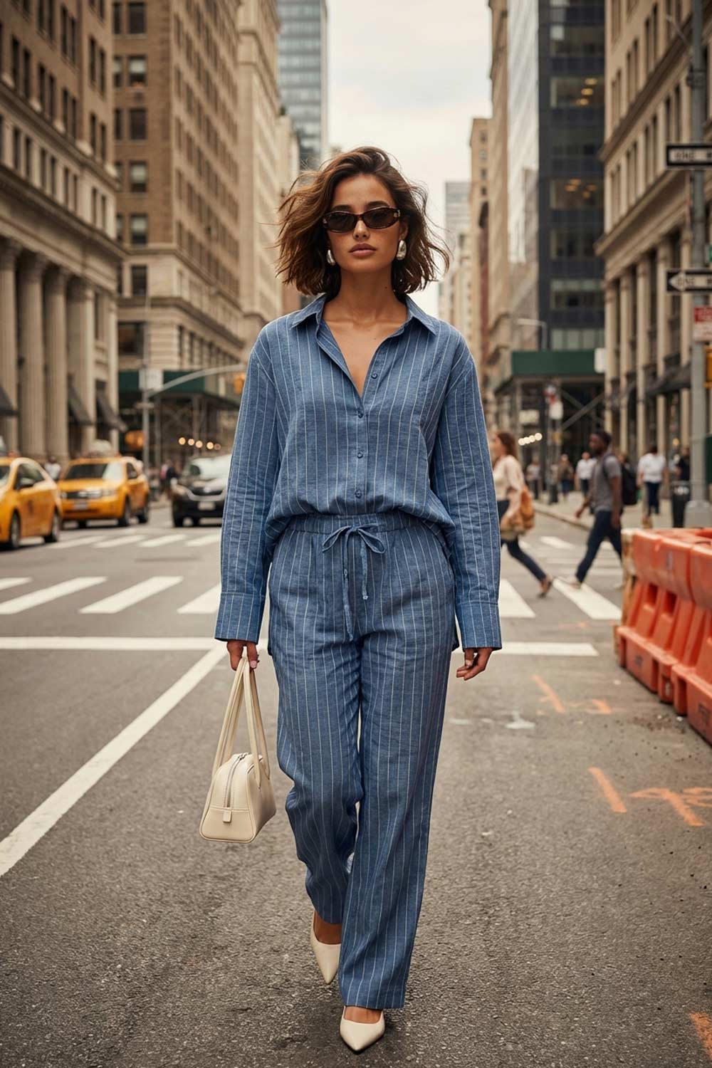 Pantalón fluido de estampado rayas, fit recto, cintura alta con pretina elástica y jareta frontal ajustable.