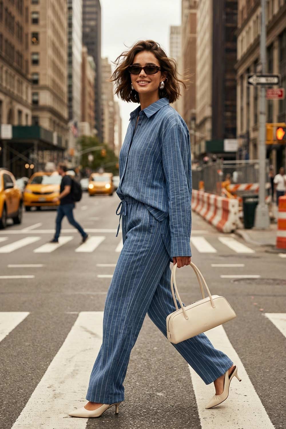 Pantalón fluido de estampado rayas, fit recto, cintura alta con pretina elástica y jareta frontal ajustable.