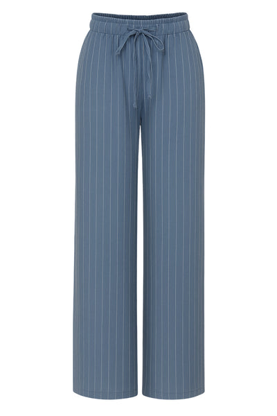 Pantalón fluido de estampado rayas, fit recto, cintura alta con pretina elástica y jareta frontal ajustable.