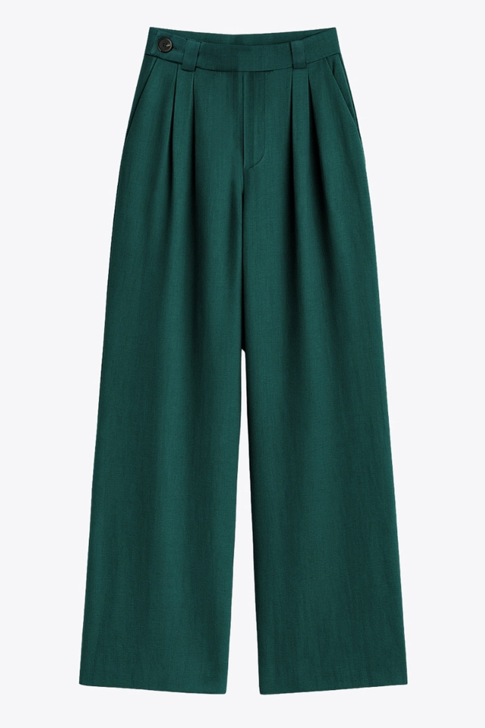 Pantalón fluido de fit wide leg, cintura alta con pretina, trabillas, pinzas frontales y bolsillos delanteros. Cierre frontal con cremallera oculta y detalle de botón lateral en pretina.