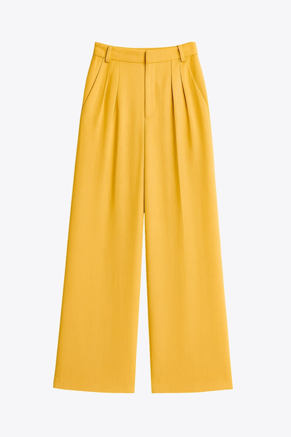 Pantalón de fit wide leg, cintura alta con pretina y trabillas, pinzas frontales, bolsillos delanteros, cierre frontal con broche y cremallera ocultos.