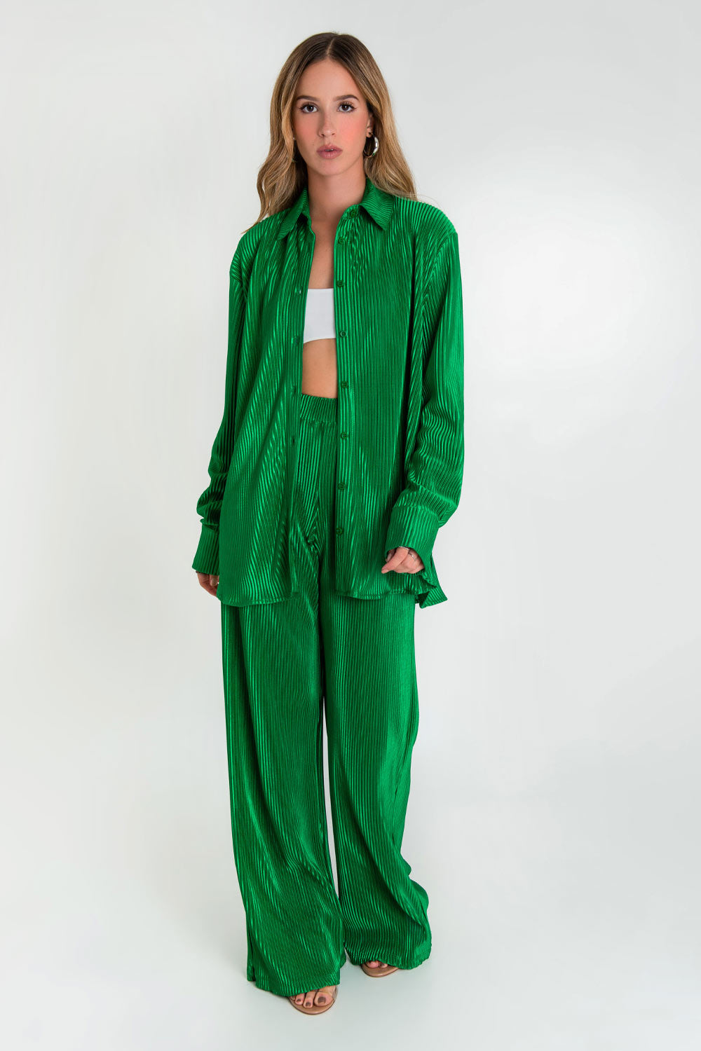 Pantalón satinado plisado fit wide leg verde – HIGHSTREET