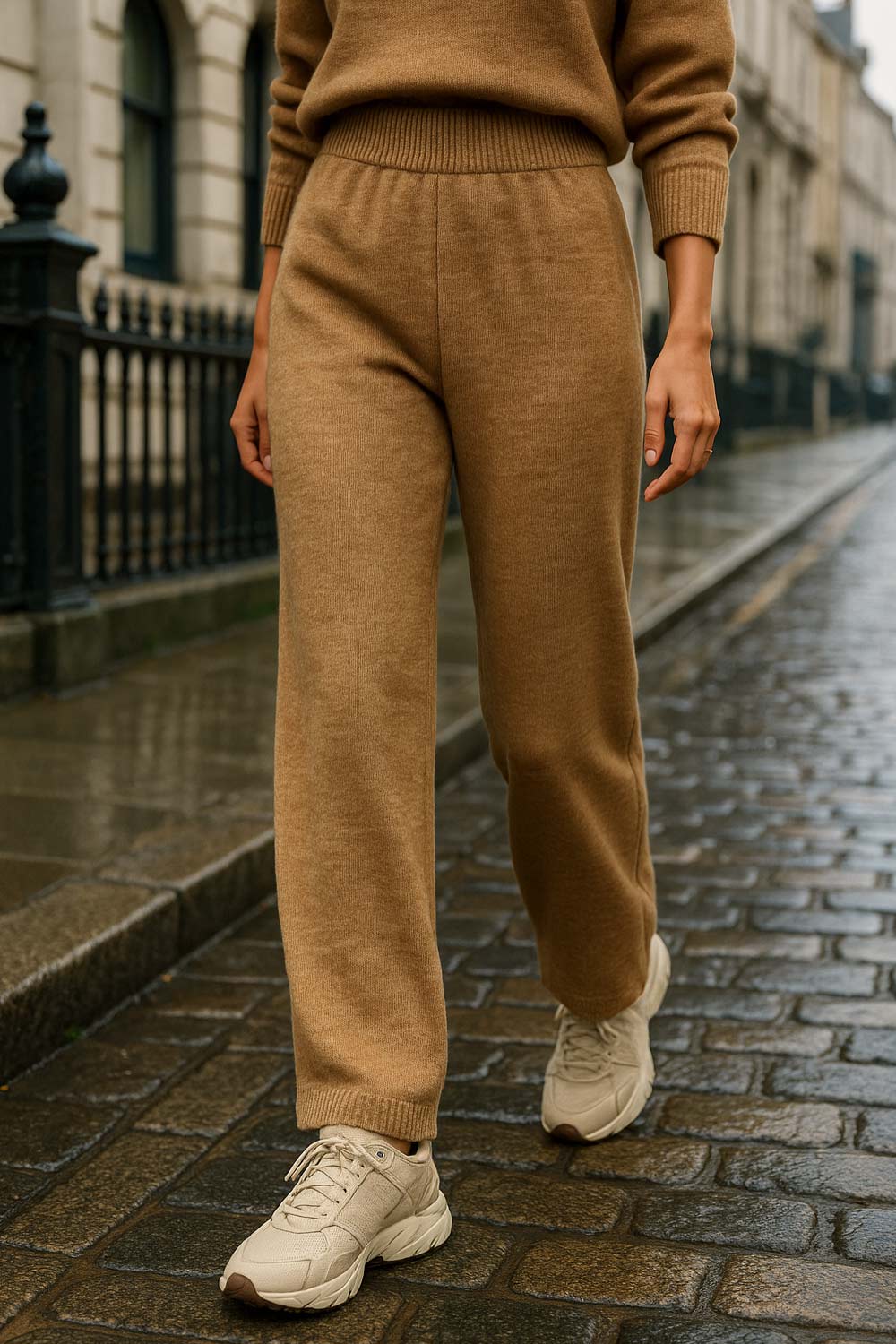 Pantalón de punto fit recto, cintura media con pretina elástica y rib en bajo.