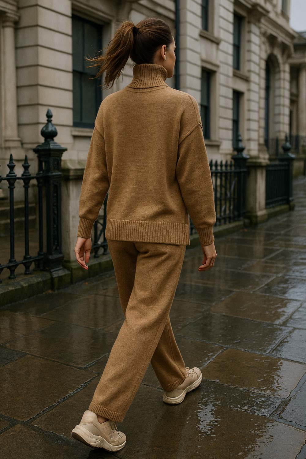 Pantalón de punto fit recto, cintura media con pretina elástica y rib en bajo.