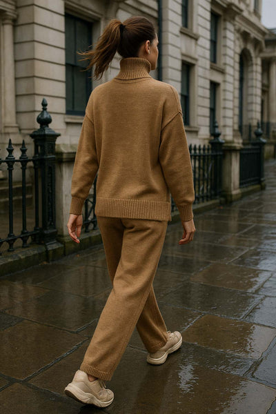 Pantalón de punto fit recto, cintura media con pretina elástica y rib en bajo.