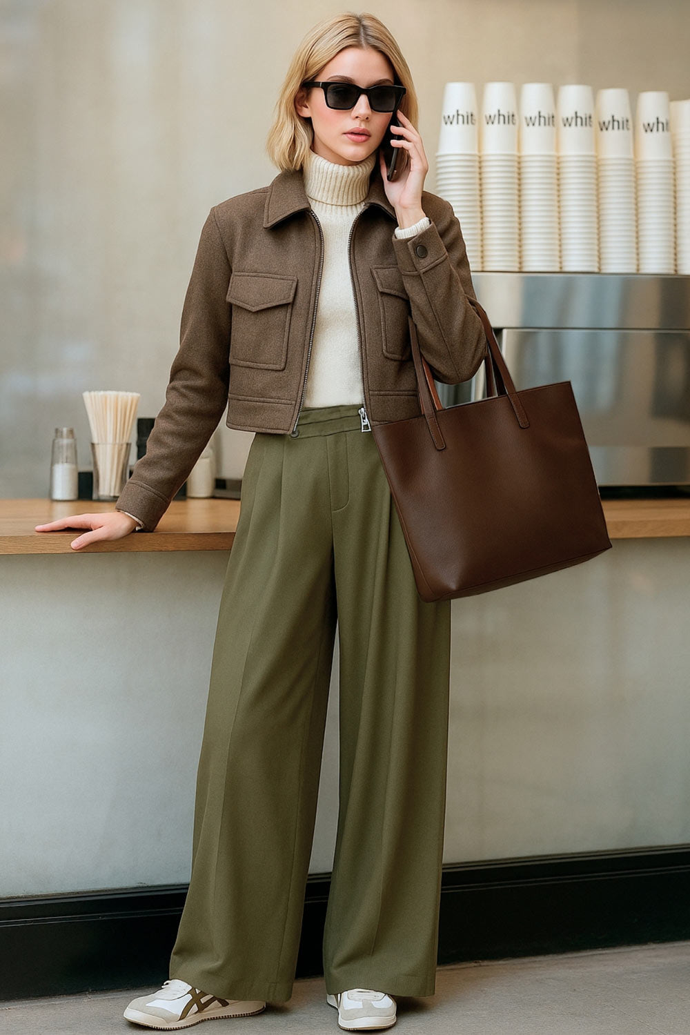 Pantalón de fit wide leg, cintura alta con pretina criss cross y detalle decorativo, pinzas frontales, bolsillos delanteros, cierre frontal con botones en contraste y cremallera oculta.