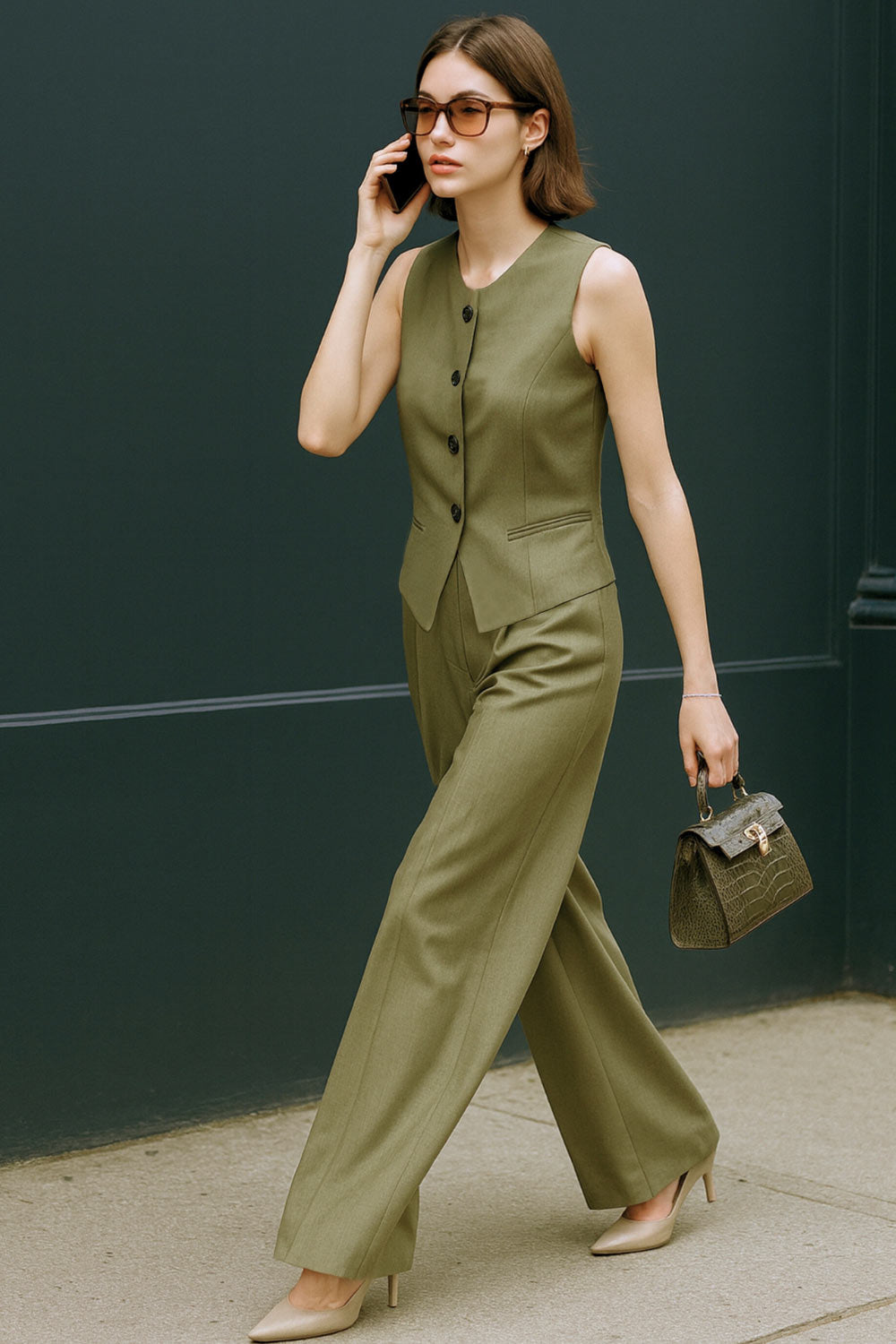 Pantalón de fit wide leg, cintura alta con pretina elástica posterior y trabillas, doble pinza frontal, bolsillos delanteros y detalle de raya frontal. Cierre frontal con broche y cremallera ocultos.