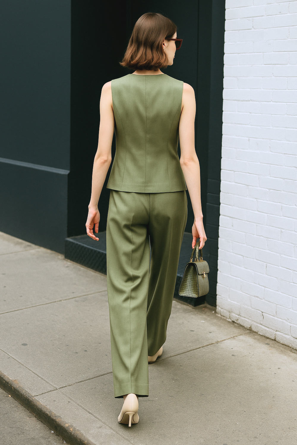 Pantalón de fit wide leg, cintura alta con pretina elástica posterior y trabillas, doble pinza frontal, bolsillos delanteros y detalle de raya frontal. Cierre frontal con broche y cremallera ocultos.