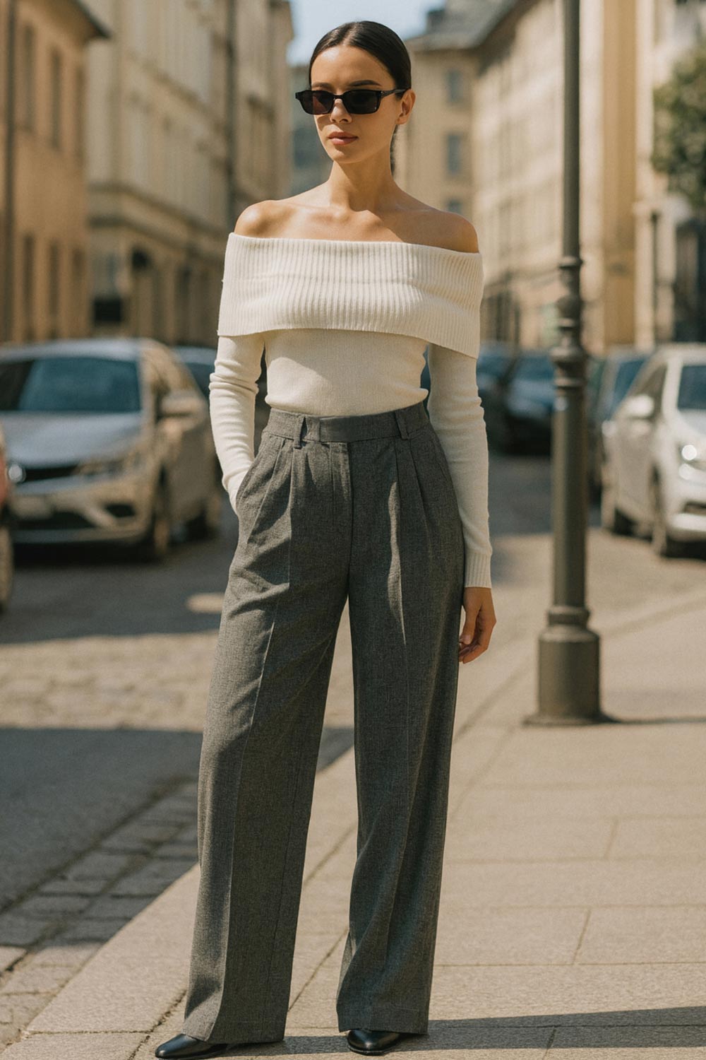 Pantalón de fit wide leg, cintura alta con pretina elástica posterior y trabillas, pinzas frontales, bolsillos delanteros y vivo decorativo posterior. Detalle de raya frontal, cierre con broche y cremallera ocultos.