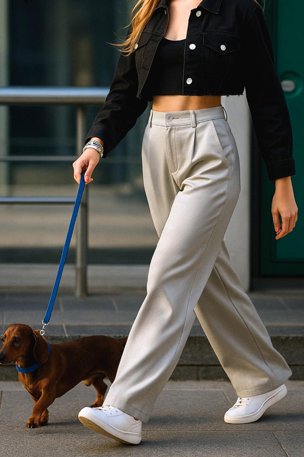 Pantalón de fit wide leg, cintura alta con pretina elástica posterior y trabillas, pinzas frontales y bolsillos delanteros. Cierre frontal con botón y cremallera ocultos.