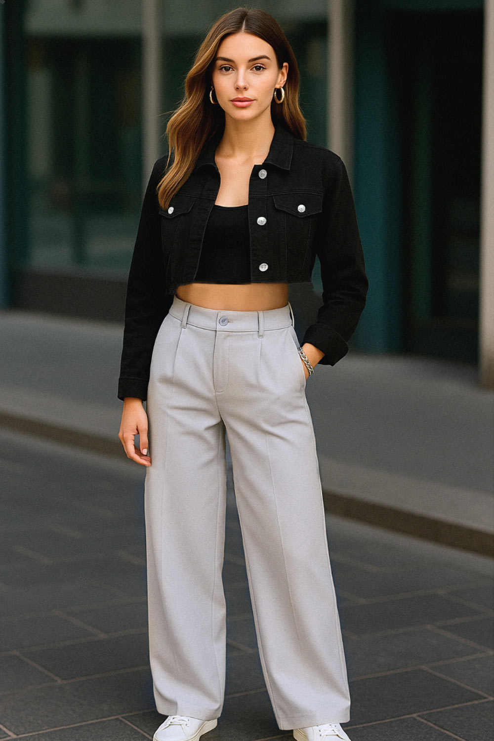 Pantalón de fit wide leg, cintura alta con pretina elástica posterior y trabillas, pinzas frontales y bolsillos delanteros. Cierre frontal con botón y cremallera ocultos.