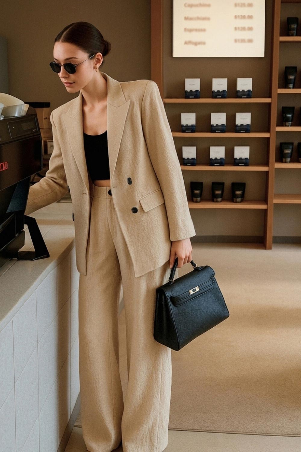 Pantalón de fit wide leg, cintura alta con pretina y trabillas, pinzas frontales, bolsillos delanteros y vivo decorativo posterior. Cierre con botón y cremallera oculta.