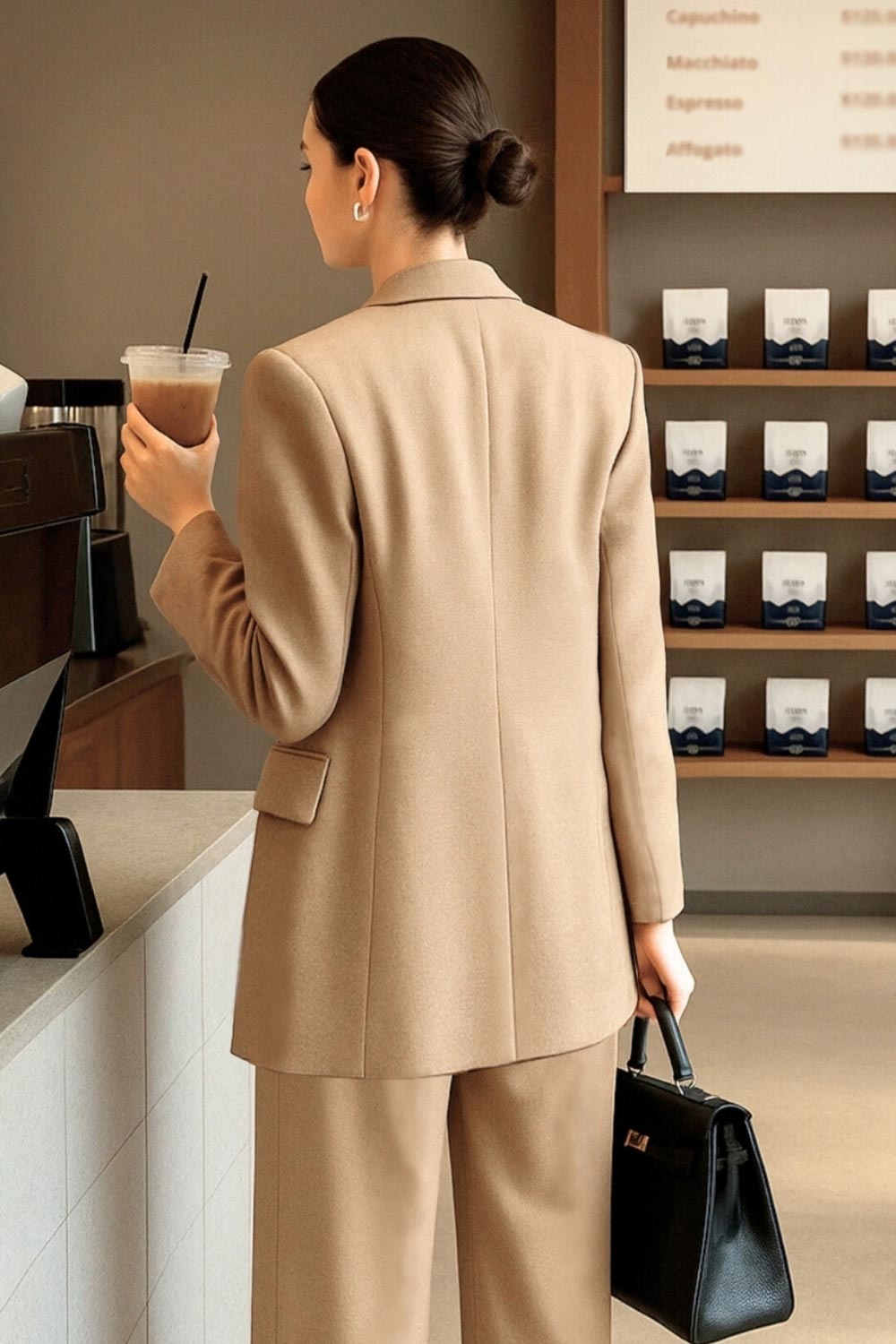 Pantalón de fit wide leg, cintura alta con pretina y trabillas, pinzas frontales, bolsillos delanteros y vivo decorativo posterior. Cierre con botón y cremallera oculta.