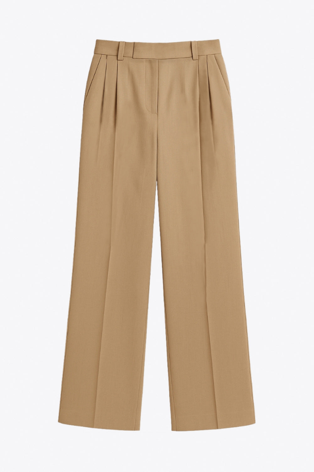 Pantalón de fit wide leg, cintura alta con pretina elástica posterior y trabillas, pinzas frontales, bolsillos delanteros y vivo decorativo posterior. Cierre frontal con broche y cremallera ocultos. Detalle de raya frontal y posterior.