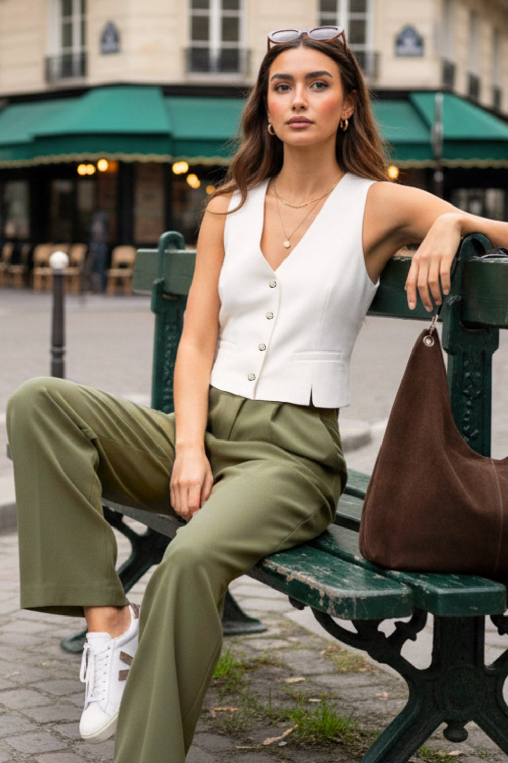 Pantalón de fit wide leg, cintura media con pretina, trabillas ajustables laterales, pinzas frontales, bolsillos delanteros y vivos decorativos posteriores. Cierre frontal con broche y cremallera ocultos.