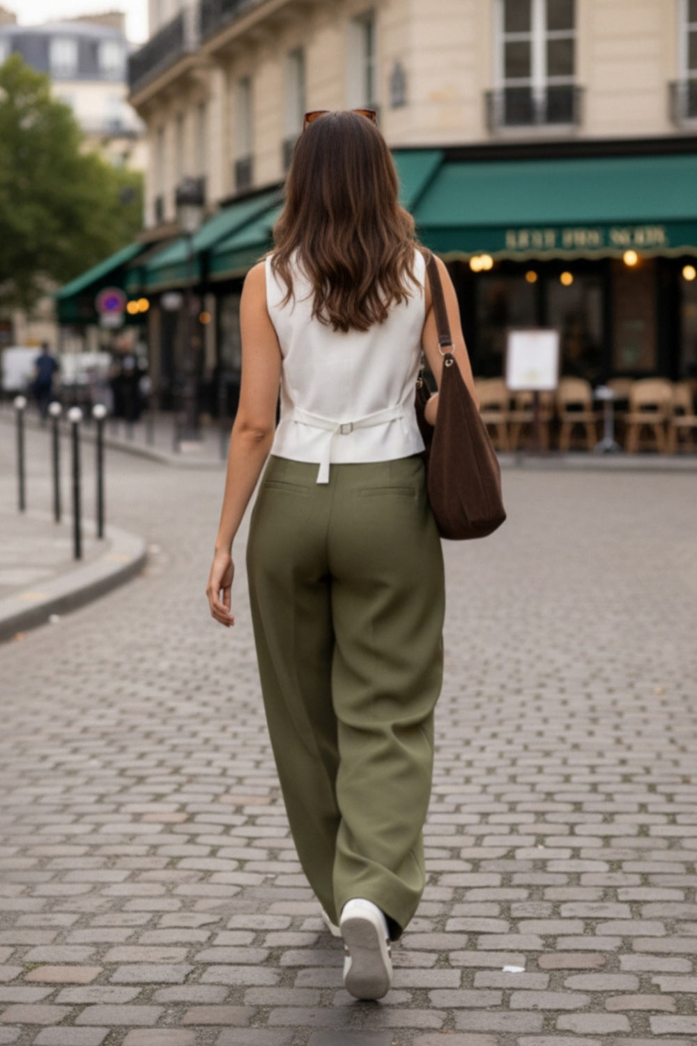 Pantalón de fit wide leg, cintura media con pretina, trabillas ajustables laterales, pinzas frontales, bolsillos delanteros y vivos decorativos posteriores. Cierre frontal con broche y cremallera ocultos.