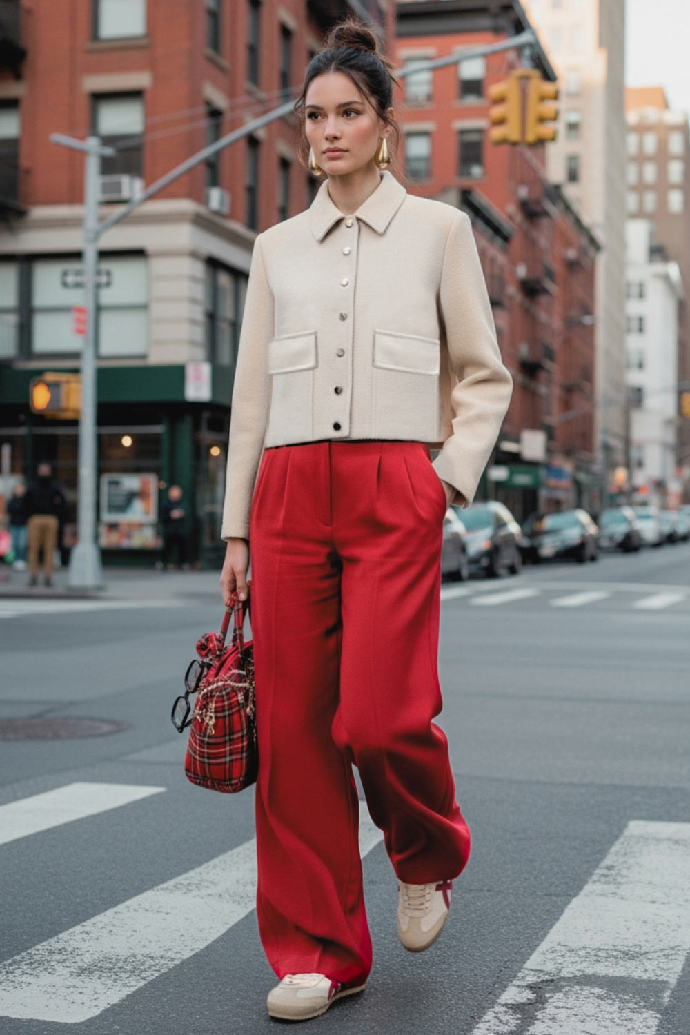 Pantalón de fit wide leg, cintura alta con pretina, pinzas frontales, bolsillos delanteros y vivos decorativos posteriores. Cierre frontal con broche y cremallera ocultos. Detalle v en pretina posterior.