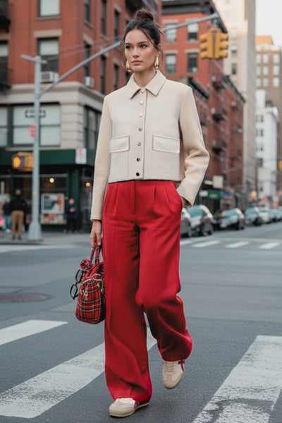 Pantalón de fit wide leg, cintura alta con pretina, pinzas frontales, bolsillos delanteros y vivos decorativos posteriores. Cierre frontal con broche y cremallera ocultos. Detalle v en pretina posterior.